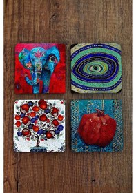 Resim Doğal Taş Bardak Altlığı Fil Nazar Nar Ağacı Nar Baskılı 4'lü Set Çok Renkli 