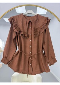 Resim Lovie Moda Fırfır Yaka Bağcıklı Tunik Kahverengi 