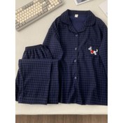 Resim Karikatür Köpek Nakışlı Ekose Kadın Pijama Takımı Rahat Tatlı Moda Sevimli Çift Uzun Ev Giyimi Hırka Yaka Uzun Kollu + Bol Capri Pantolon İki Parça Pijama Takımı Sonbahar ve Kış için 