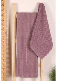 Resim 2 Parça Banyo Havlu Takımı %100 Pamuklu Çubuk Desen Mor Renkli 