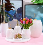 Resim MIARIK DESIGN & DEKORASYON Dekoratif Beyaz Mermer Banyo Seti Takımı 7 Li Gold Kuğu Detaylı Tasarım Set 