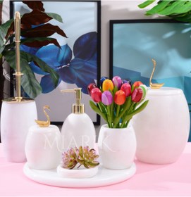 Resim MIARIK DESIGN & DEKORASYON Dekoratif Beyaz Mermer Banyo Seti Takımı 7 Li Gold Kuğu Detaylı Tasarım Set 