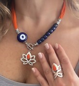 Resim Doğaltaş Gümüş Lotus Çiçeği Somon Mercan Nazarlı Set 
