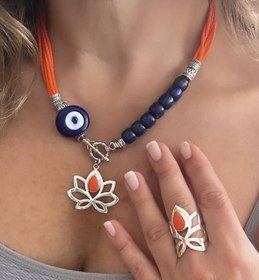 Resim Doğaltaş Gümüş Lotus Çiçeği Somon Mercan Nazarlı Set 