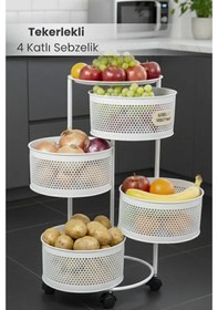 Resim 4 Katlı Tekerlekli Tepsili Kule Sebzelik Açılır Metal Patates Soğan Meyvelik Sepetli Raf Beyaz Beyaz 