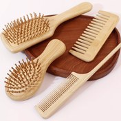 Resim 4 Adet / Set Ahşap Saç Tarak Paddle Hava Yastıklı Tarak Oval Şekilli Saç Masajı Tarak Geniş Dişli Saç Tarak Rat Tail Tarak 