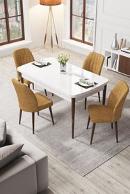 Resim Canisa Par Serisi 70x114, Açılabilir Mdf Yemek Masası Beyaz Masa Ceviz Ayak Ve 4 Cappucino Sandalye Takımı 