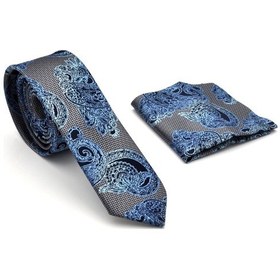 Resim Gaffy Mavi Lacivert Şal Desenli Gri Dokuma Kumaş Mendilli Slim Fit Kravat // Sdk-240115 Çok Renkli 