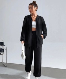 Resim LOUİSA Oversize Kapşonlu Fermuarlı Siyah Sweatshirt Eşofman Takımı 