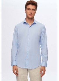 Resim Ds Damat Slim Fit Mavi Italyan Yaka Armürlü Uzun Kollu Kolay Ütülenebilir Nefes Alan Dört Mevsim Göm 2HF02ORT3185 Mavi 