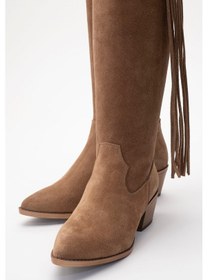 Resim Luvi Shoes Rios Toprak Hakiki Deri Süet Püsküllü Kadın Kalın Topuklu Çizme Toprak 