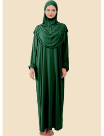 Resim Tek Parça Tesettür Namaz Elbisesi Tak Çıkar Başörtülü Organik Pamuklu Lastikli Kolu Kaymaz Penye Zümrüt Yeşili 