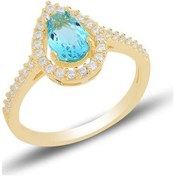 Resim Gümüş Altın Yaldızlı Akuamarin Taşlı Damla Modeli Yüzük 