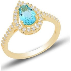 Resim Gümüş Altın Yaldızlı Akuamarin Taşlı Damla Modeli Yüzük 