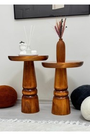 Resim ASELYA HOME Ahşap 2’li Set Mantar Yan Sehpa Modern Açık Ceviz Fiskos Zigon Çiçeklik 