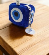 Resim otopaspascım Mavi Nazar Boncuk Küp Zar Vantuzlu Ayna Süsü - Küp Anahtarlık -küp Peluş Dekor Nazar Boncuk (6x6 Cm) 