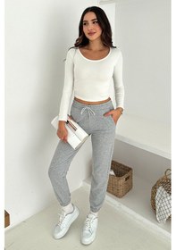 Resim Kadın Bağcıklı Jogger Pantolon & Eşofman Altı Sportif & Enerjik Stil Gri 