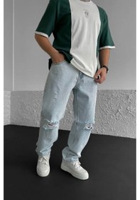 Resim Baggy Buz Mavisi Diz Yırtık Modelli Kot Pantolon-Erkek Açık mavi 
