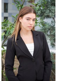 Resim Yakalı Flato Cepli Uzun Kol Pamuklu Kumaş Kısa Blazer Ofis Ceket-siyah Siyah 