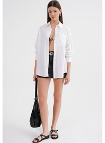 Resim Mixray 4670 Kadın Cepli Oversize Basic Keten Gömlek Beyaz 