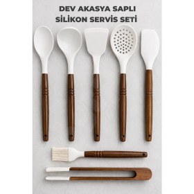 Resim Destpak 7 Parça Silikon Servis Seti - Akasya Saplı Kevgir Kepçe Kaşık Maşa Spatula Yumurta Fırçası Sıyırma 