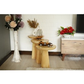 Resim Wood Wooden 3'lü Set Fitilli Mantar Yan Sehpa Modern Ahşap Renk Parlak Vernikli Fiskos Ahşap 