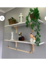 Resim Razmo 2'li Halatlı Askılı Ahşap-beyaz Dekoratif Duvar Rafı Derinlik 20 Cm Sarmal Vazo Hediyeli Beyaz 