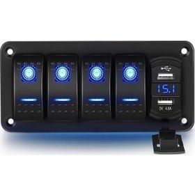 Resim Xuweiwei Mavi Çift Usb Şarjlı Alüminyum Alaşımlı 4 Düğmeli Anahtar Paneli 4.8a Çoklu Araç Uyumlu 
