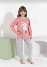Resim Kız Çocuk Baskılı Uzun Kollu Pijama Takımı Sevimli Ev Giyimi-8408- Pembe 