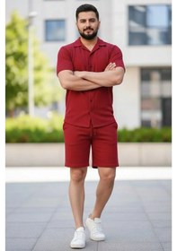 Resim Erkek Waffle Kısa Kollu Gömlek Şort Takım Regular Fit İkili Set - Bordo 