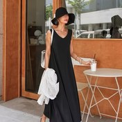 Resim Halter Yaka, Kolsuz Maksi Etek ve Bol Kesim İç Katmanlı Oversize Elbise 