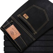 Resim Erkekler için Klasik Yarı Resmi Düz Paça Kot Pantolonlar - Normal Kesim Yıkanabilir Denim, Her Mevsime Uygun İş Günlük Giyim İçin Makinede Yıkanabilir Pantolonlar, Şık Kemer Aksanı | Dayanıklı Kumaş 