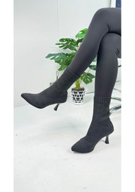 Resim Günlük Kadın Bot Yüksek İnce Topuklu Triko Esnek Sivri Burunlu Tırtıklı Taban Rahat Bootie 170 Siyah 