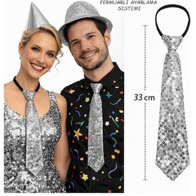Resim Gümüş Renk Pul Payetli Işıltılı Parti Kravatı 33 Cm - Ayho-763857 
