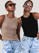 Resim CATSPY Kadın Siyah Bisküvi Halter Yaka 2'li Crop Bluz 