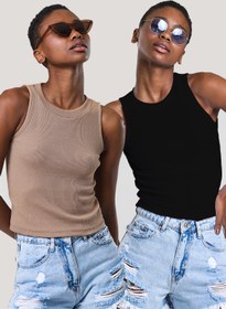 Resim CATSPY Kadın Siyah Bisküvi Halter Yaka 2'li Crop Bluz 