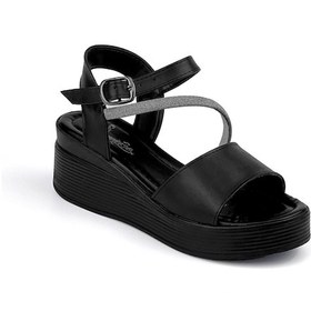 Resim Kadın Siyah Tokalı Taşlı Dolgu Topuklu Sandalet 6 Cm Rahat Yüksek Topuklu Flgs16 Siyah 