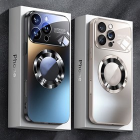 Resim Lüks Titanyum Metalik Renkli Manyetik Kablosuz Şarj Mat Telefon Kılıfı iPhone 16 15 14 13 12 11 Pro Max Plus Darbeye Dayanıklı Cam Pencere Kamera Lens Koruma Kapak ile Oymalı Logo 