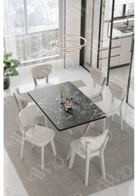Resim Avvio Lidyana Elma Sandalye 80x140 Yemek Masası Mutfak Masası 6 Kişilik Masa Sandalye Takım Siyah Mermer 