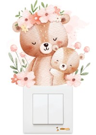 Resim Sevimli Anne ve Yavru Ayıcık Çiçekler Çocuk Odası Duvar Sticker - Priz Sticker - 12x13 cm / Renkli / Priz Sticker 