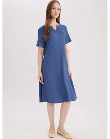 Resim DeFacto Regular Fit Apaş Yaka Basic Düz Bürümcük Kısa Kollu Midi Yazlık Elbise D3834AX25SMIN69 