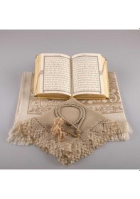 Resim Şal + Seccade + Tesbih + Kur'an Seti (Çanta Boy, Kadife, Gold) 