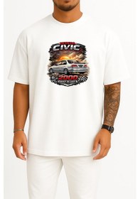 Resim Bahriyeli Collection Oversize Honda Civis 2000 Model Göğüs Baskılı Unisex T-shirt Beyaz 