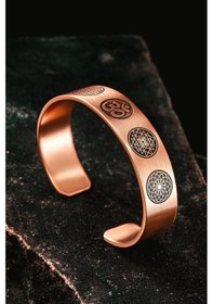 Resim Erkek Bakır Bileklik - Yaşam Çiçeği - Lotus - Sri Yantra - Om Sembolü - Erkek Bakır Kelepçe Bileklik Rose Gold 