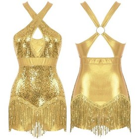 Resim Altın Kadın Işıltılı Payetler Püskül Bodysuit Halter Çapraz Ön Latin Caz Balo Salonu Dans Kostümleri 