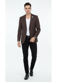 Resim Plus Scorpion Erkek Mono Yaka Tek Düğmeli Çift Yırtmaçlı Blazer Ceket Premium Dokuma Kumaş, 8 Renk Kahverengi 