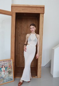 Resim LOISY Kadın Halter Yaka Ajurlu Maxi Boy Plaj Elbise 