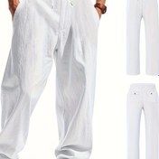 Resim Erkek Linen Casual Pantolon - Nefes Alabilir, Rahat Yüksek Sokak Stili, Bağcıklı Bel, Düz Renk, Dört Mevsim Giyim, Yürüyüş ve Açık Hava Aktiviteleri için Casual Outdoor Pantolon | Minimalist Tasarım | Bağcıklı Bel 