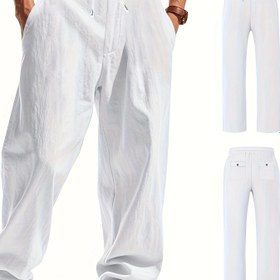 Resim Erkek Linen Casual Pantolon - Nefes Alabilir, Rahat Yüksek Sokak Stili, Bağcıklı Bel, Düz Renk, Dört Mevsim Giyim, Yürüyüş ve Açık Hava Aktiviteleri için Casual Outdoor Pantolon | Minimalist Tasarım | Bağcıklı Bel 