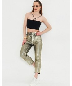 Resim Kutsa Gold Varaklı Paçası Kesik Trend Jean Pantolon Taba 